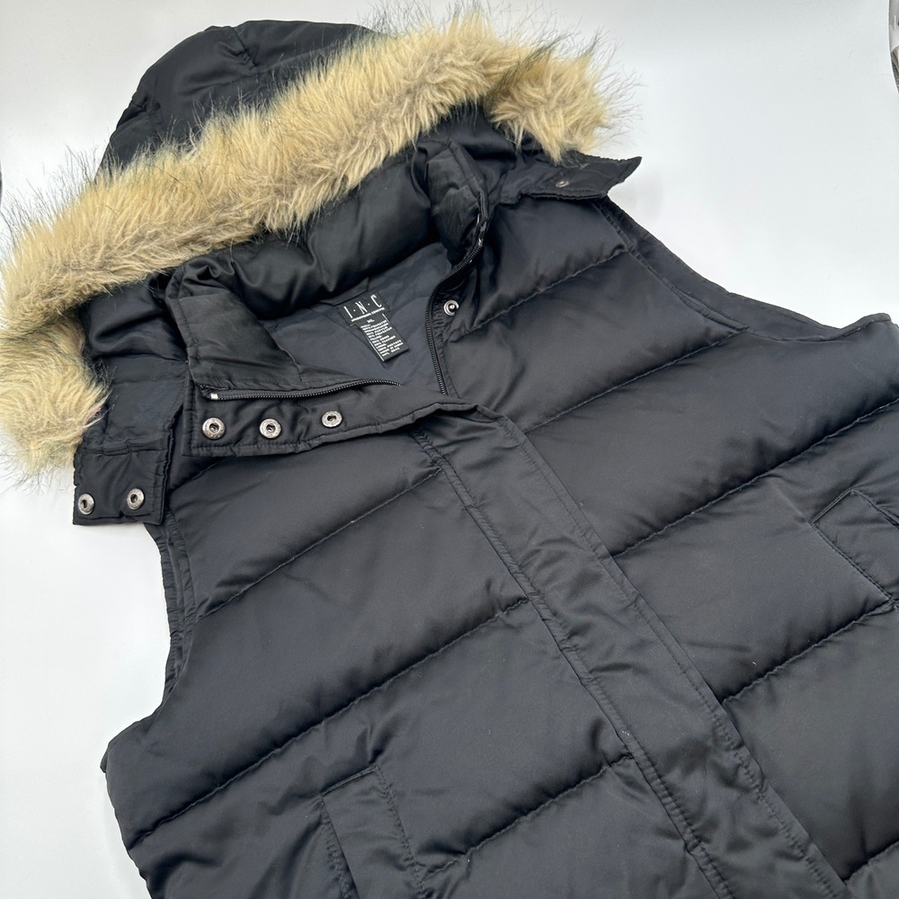 INC Puffer Vest Women XL Black Excellent Faux Fur Hood Quilted Winter Gorpcore